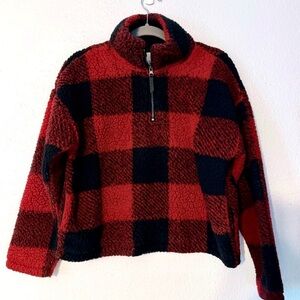 Cozy Red and Black Plaid Quarter Zip Cropped Fleece